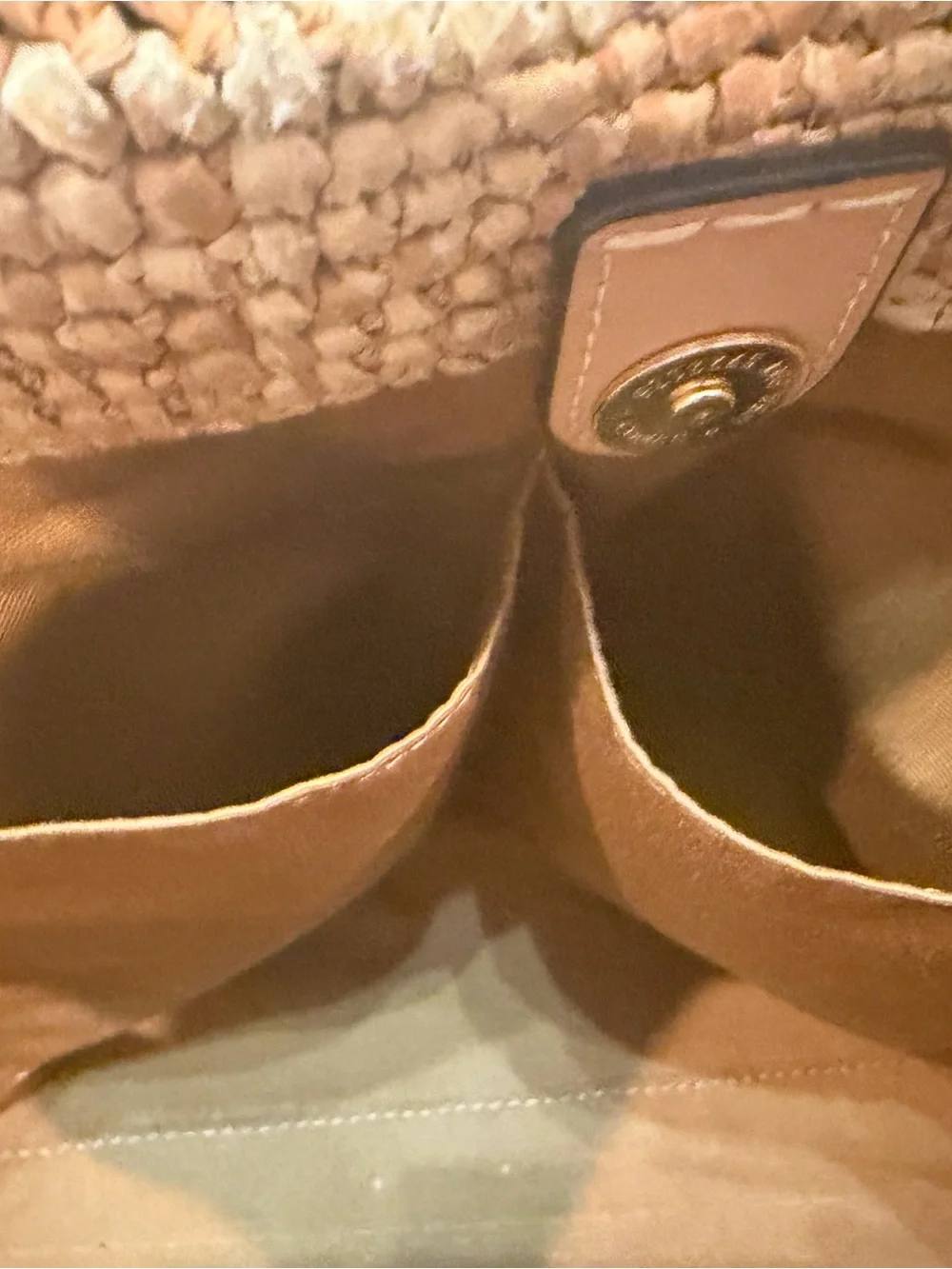 Coach Straw Woven Tote Brown & Tan w/ Leather Double Handles Snap, Lined, Charm